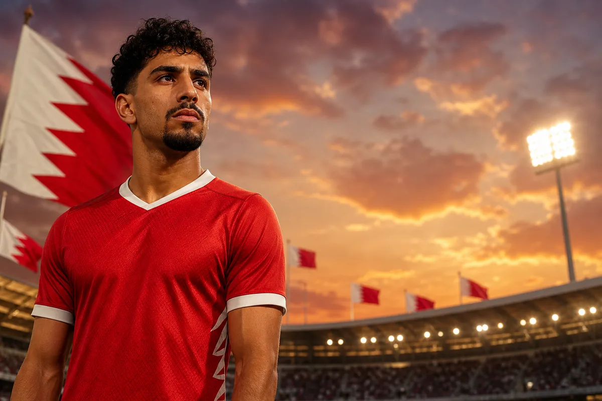 A fictional Bahrain national-team forward inspired by Mohamed Hubail standing before a Gulf stadium with red-and-white flags