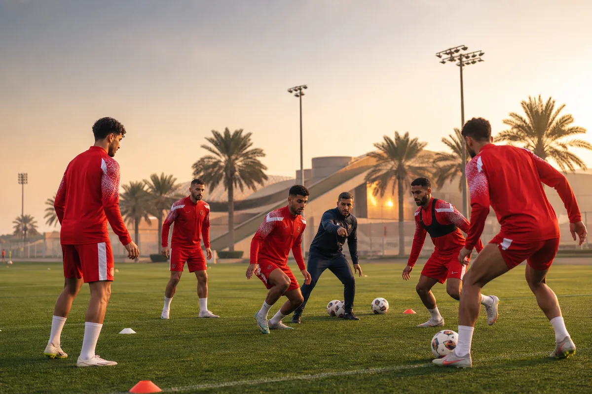 Fictional Bahrain national-team players working through a focused tactical training drill