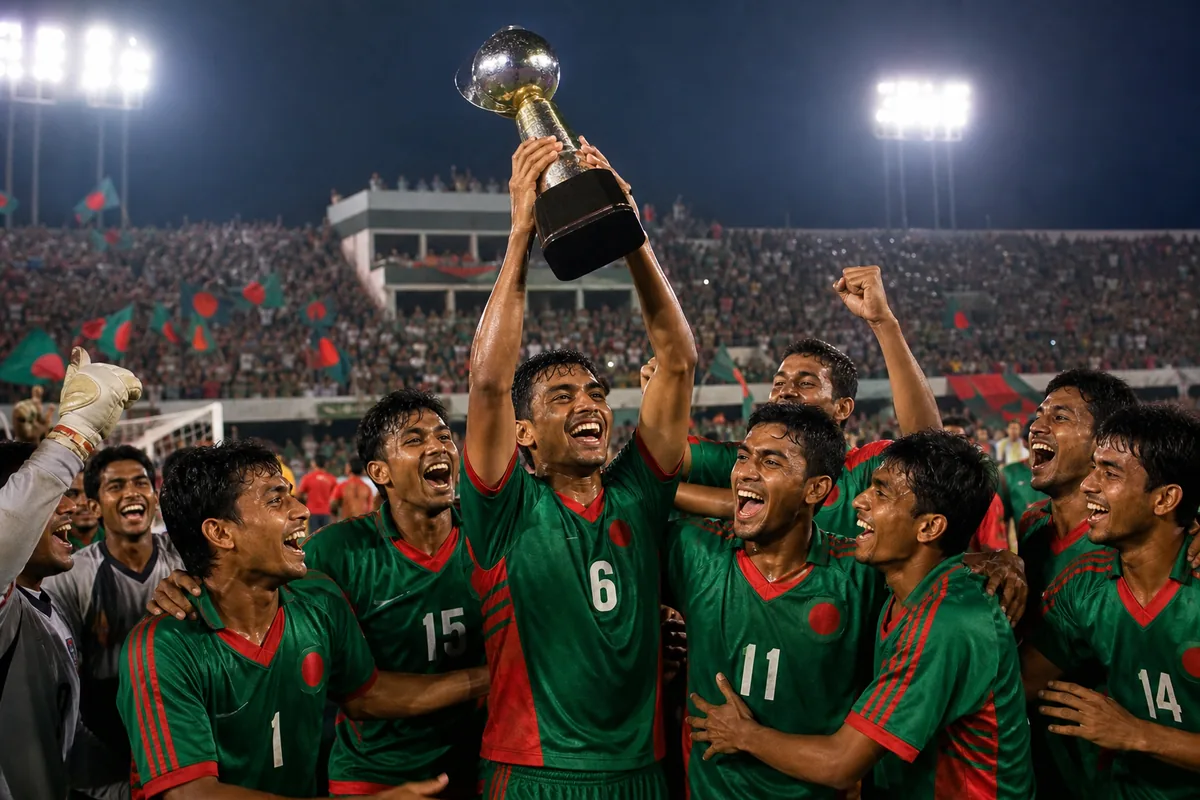 Fictional Bangladesh players celebrating their 2003 SAFF Championship final victory over the Maldives on penalties