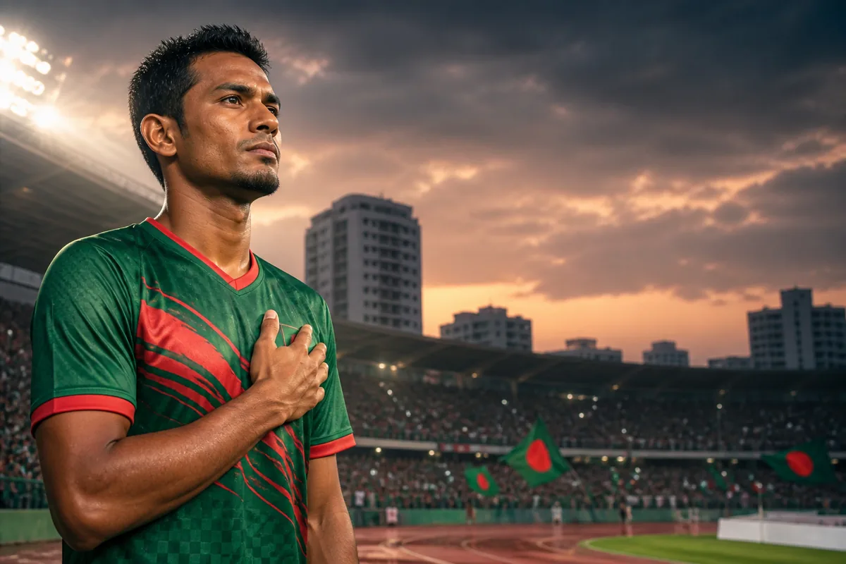 A fictional Bangladesh national-team midfielder inspired by Jamal Bhuyan standing before a Dhaka football stadium with green-and-red flags