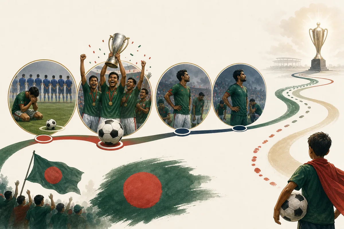 Text-free editorial timeline illustration of Bangladesh's path from the 1999 SAFF final to the 2003 title and later semifinal runs