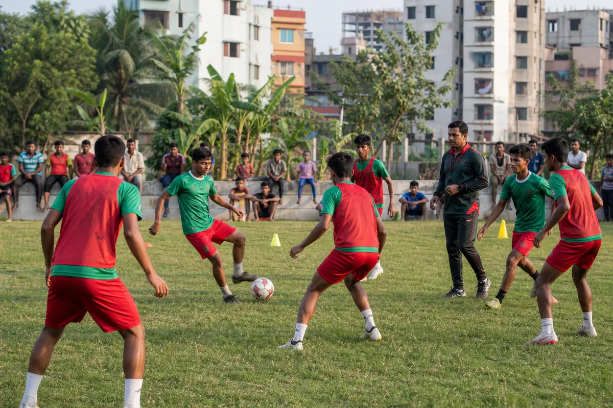 Fictional Bangladesh footballers training on a lively Dhaka community pitch with supporters nearby
