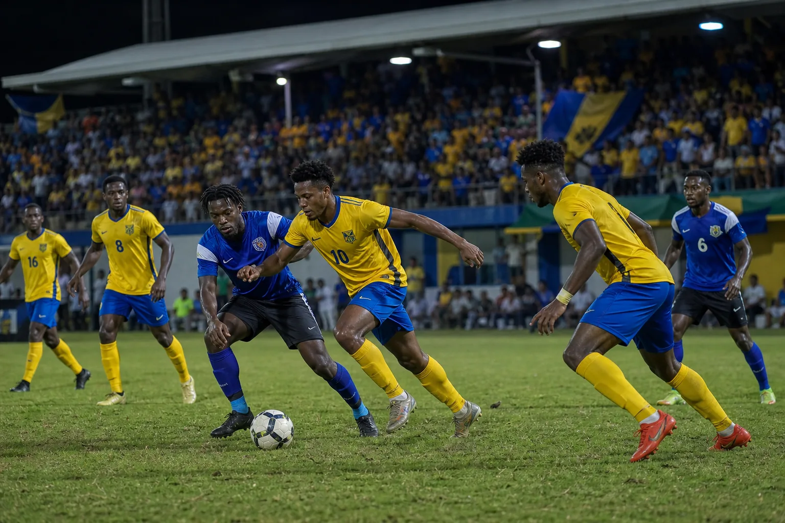 Barbados players contesting an intense Caribbean regional football match under floodlights