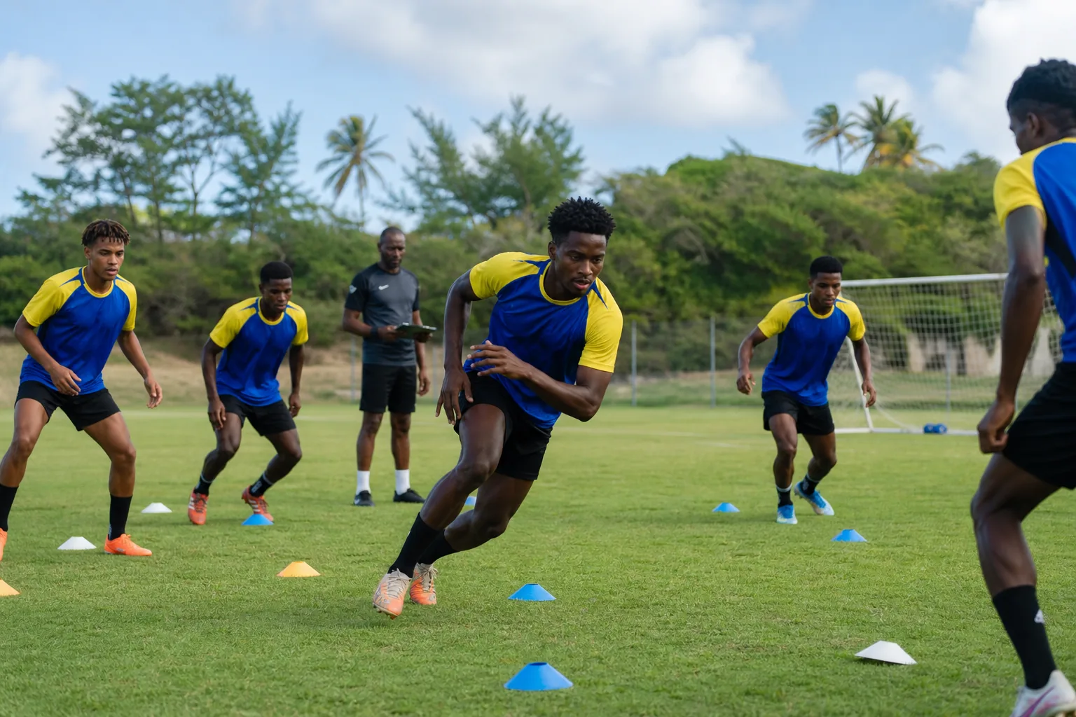 Barbados national-team players training together on a compact Caribbean football ground