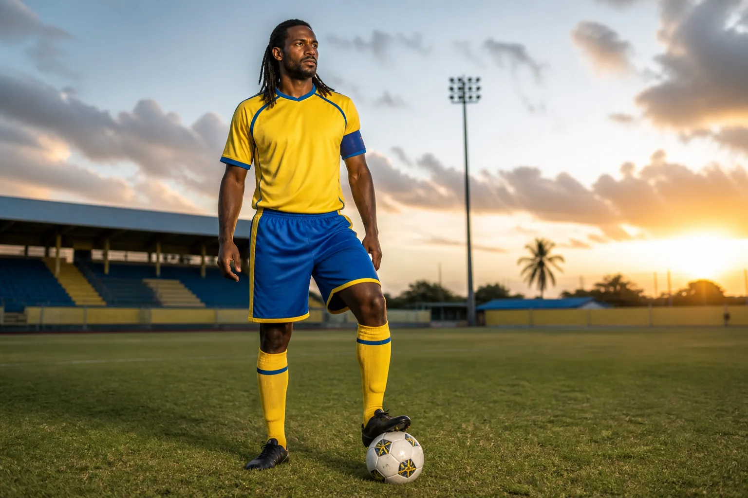 A fictional editorial portrait of Barbados international Emmerson Boyce on a Caribbean football ground