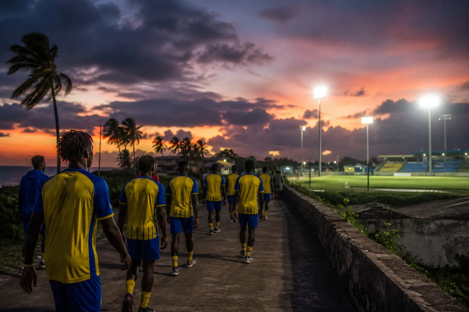 A yellow-and-blue island football team walking toward a floodlit pitch at twilight