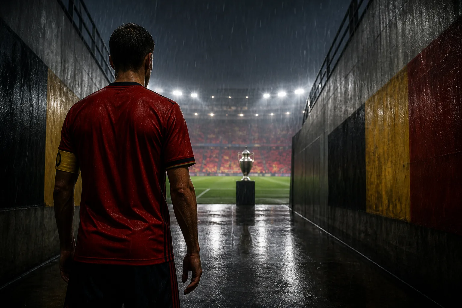A fictional Belgian captain facing a distant European Championship trophy in a rain-soaked stadium tunnel