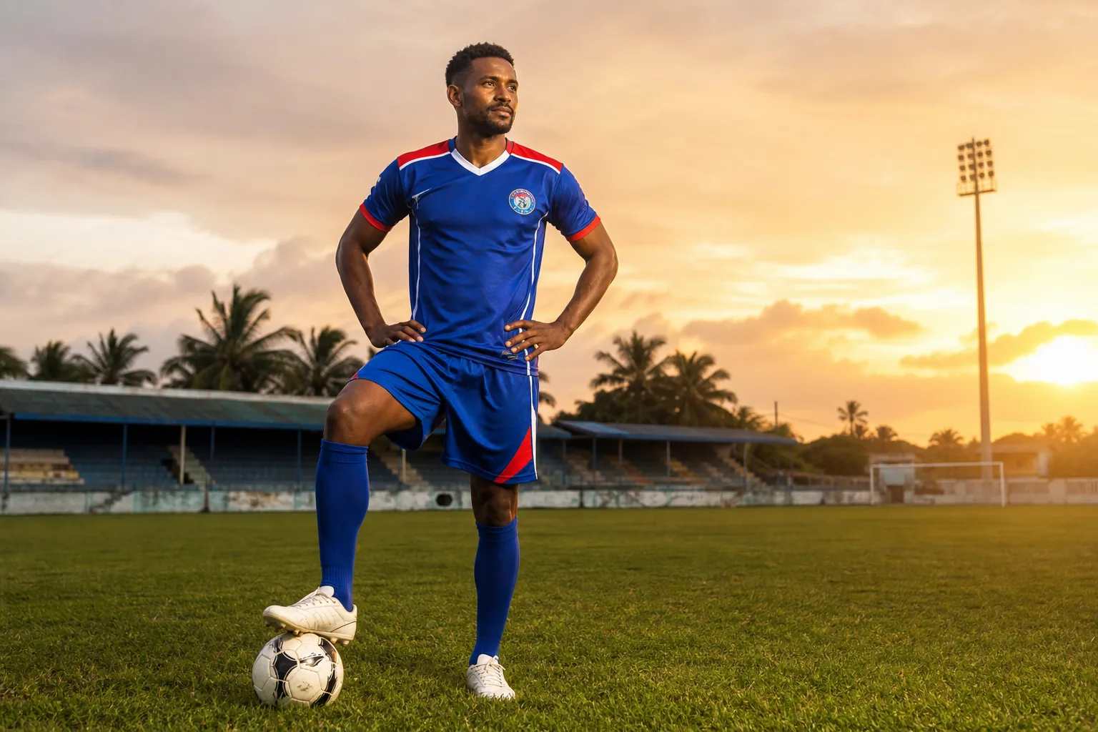A fictional editorial portrait of Belize national-team striker Deon McCaulay on a Belize City football ground