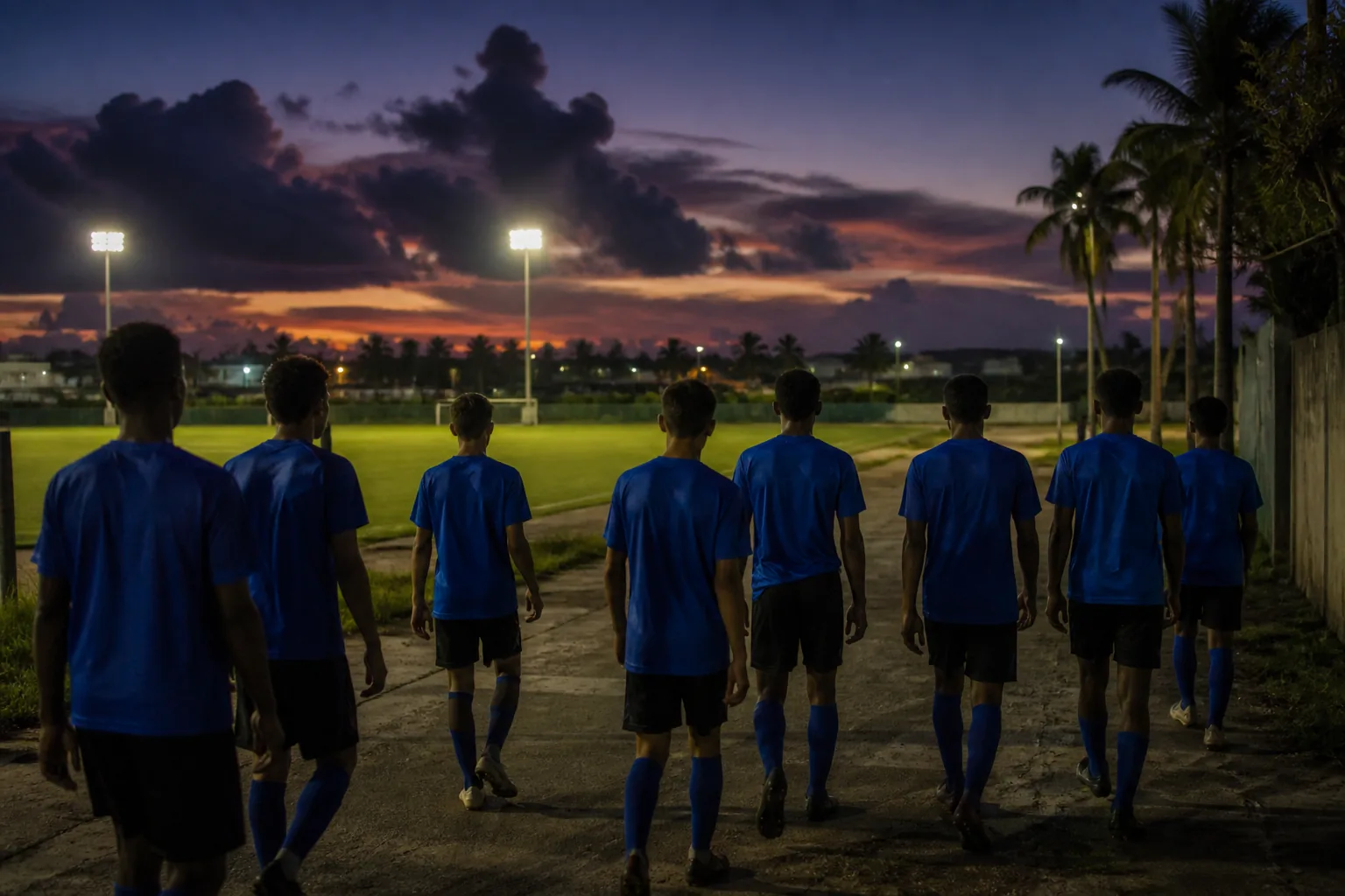 Young Belize footballers walking toward a floodlit pitch at twilight