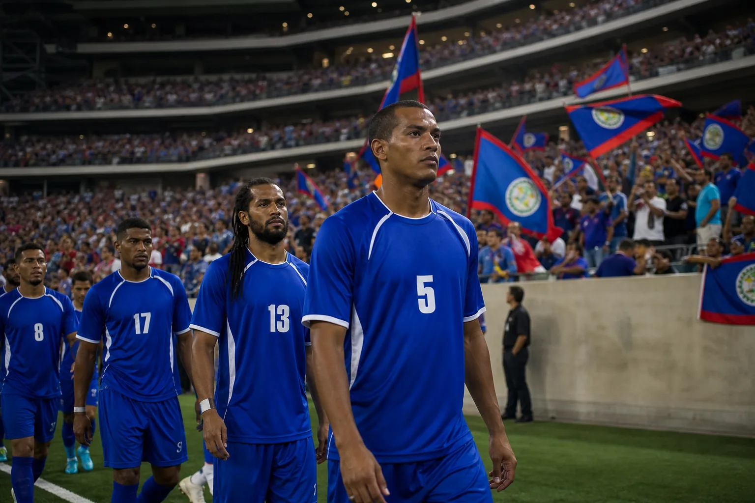 A community football match in Belize with blue-shirted players, supporters and tropical greenery
