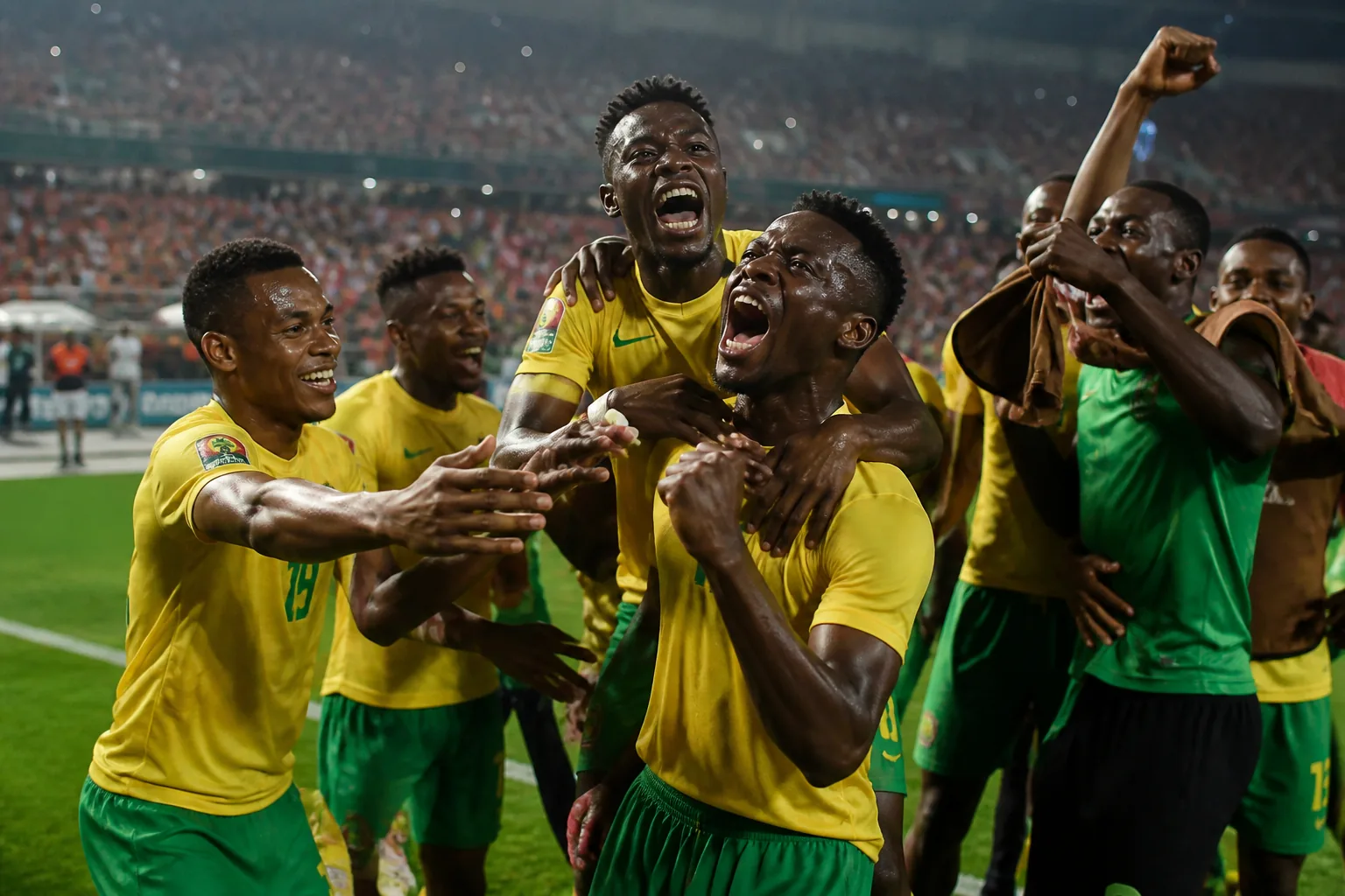 Benin players celebrating a historic Africa Cup of Nations quarter-final run