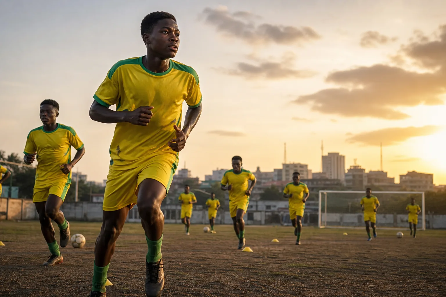 Young Beninese footballers training at sunset on a community pitch in Cotonou
