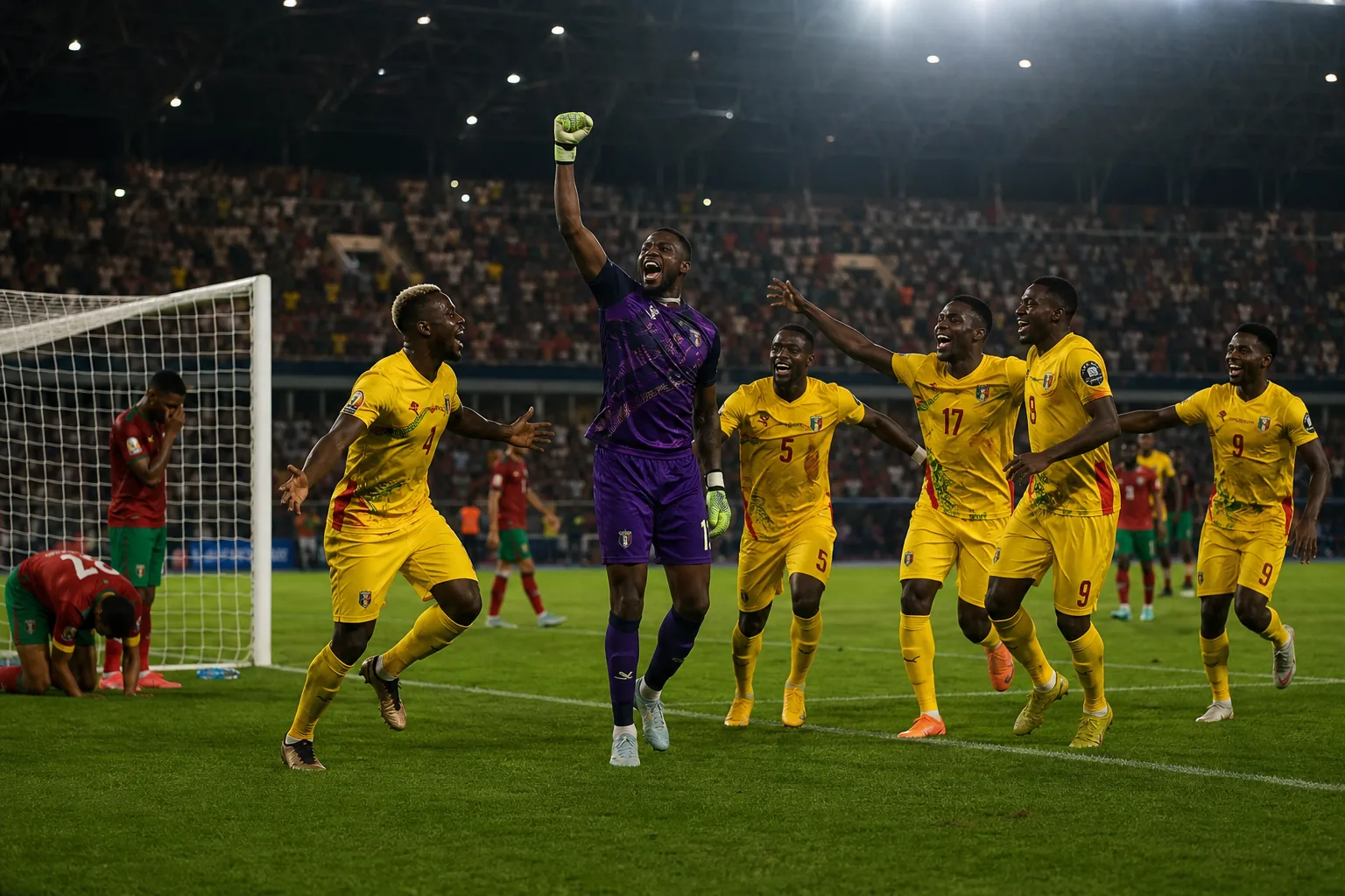 Benin players celebrating near the penalty area after a dramatic knockout shootout victory