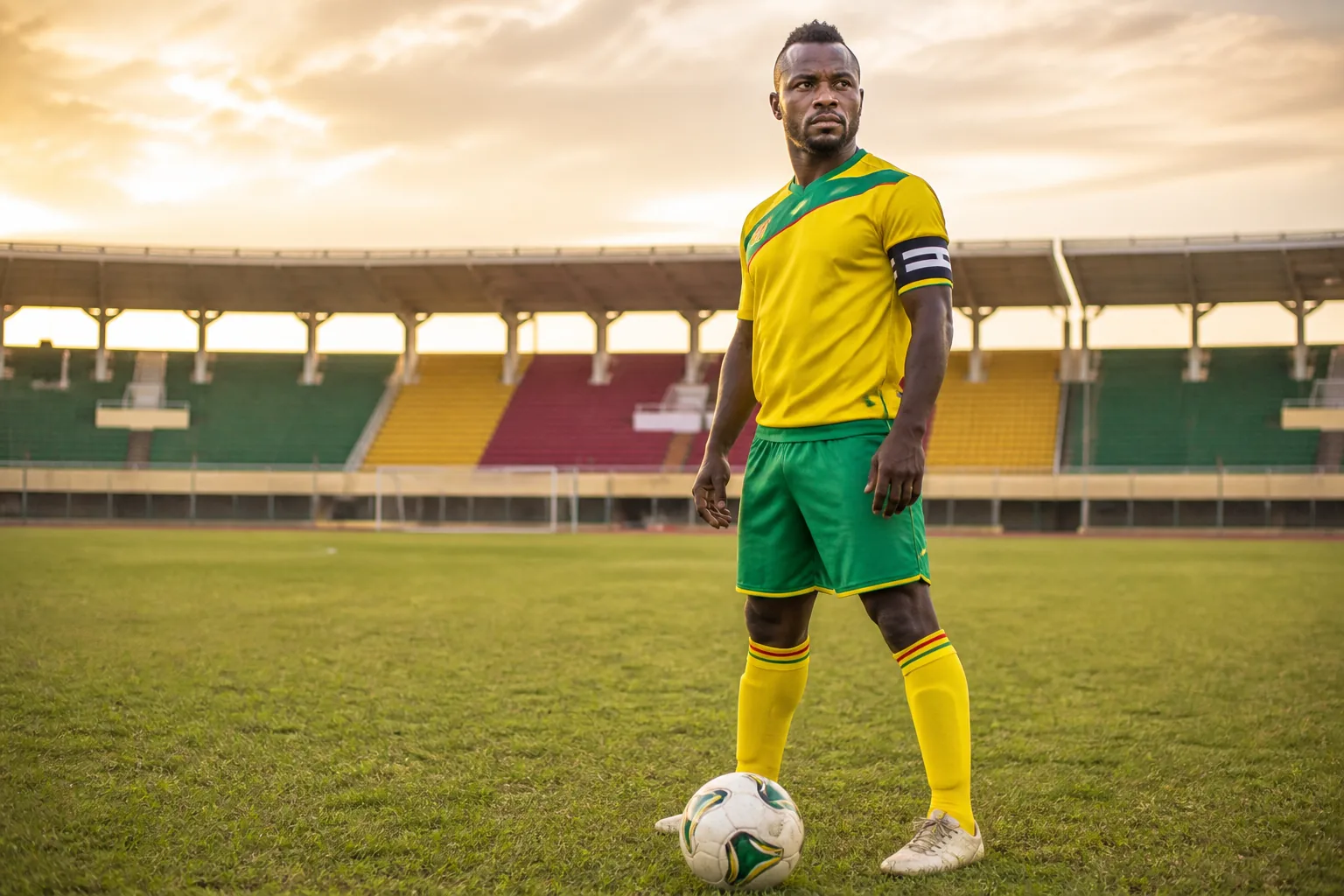 A fictional editorial portrait of Benin national-team captain Stéphane Sessegnon on a football ground in Cotonou