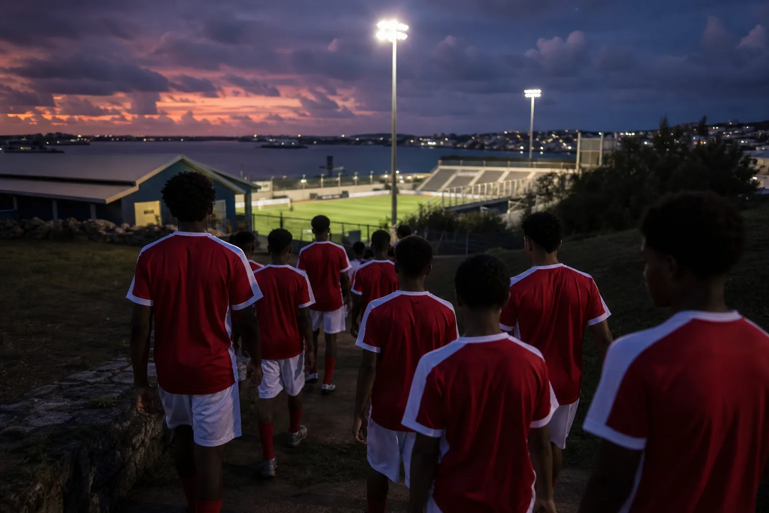 Young Bermuda footballers walking toward a floodlit pitch at twilight