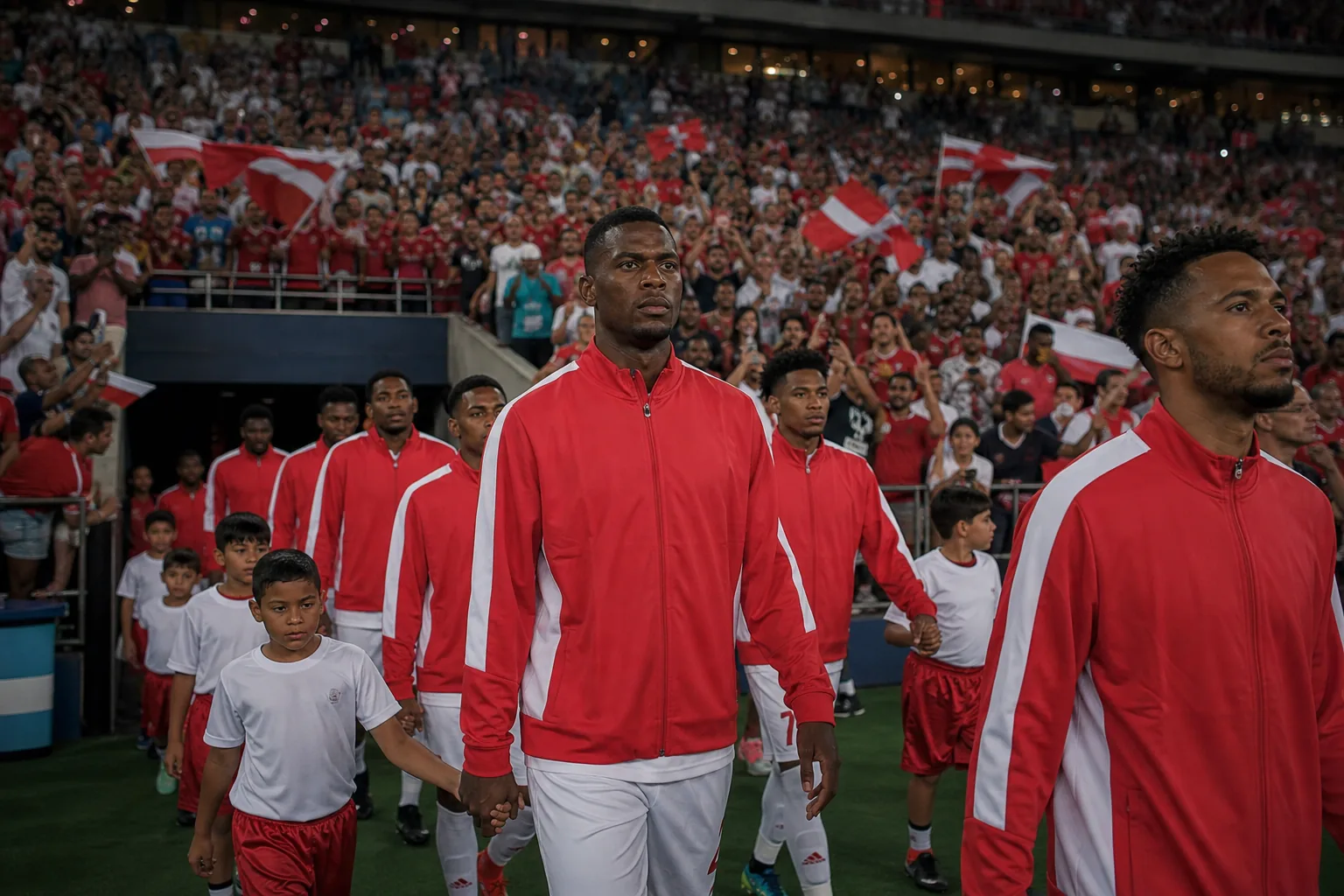A community football match in Bermuda with red-and-white players and island supporters