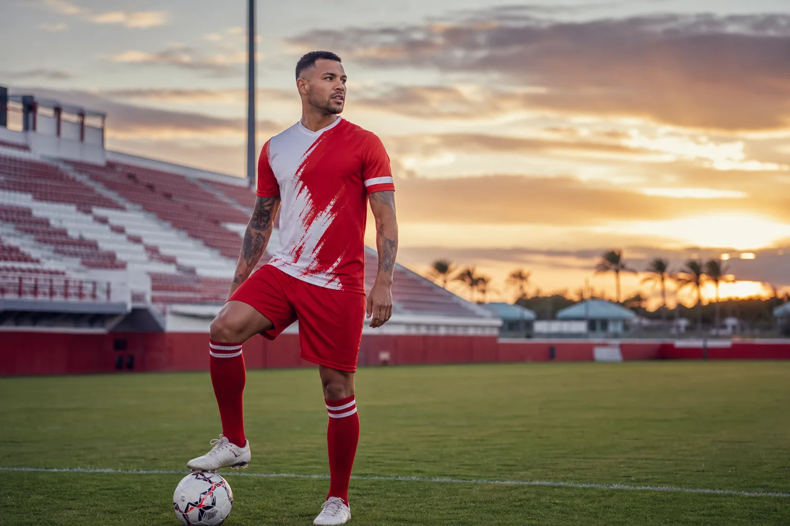 A fictional editorial portrait of Bermuda international striker Nahki Wells on a Bermuda football ground