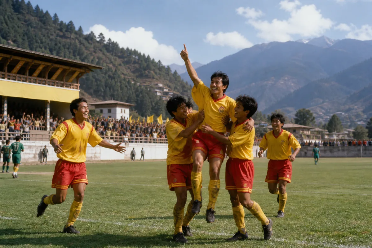 Fictional Bhutan players celebrating their famous 4-0 win over Montserrat in the 2002 Other Final