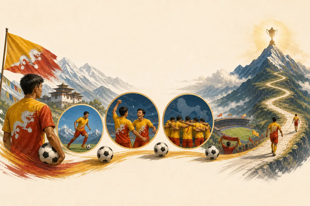 Text-free editorial timeline illustration of Bhutan's path from international football to the 2002 Other Final and SAFF competition