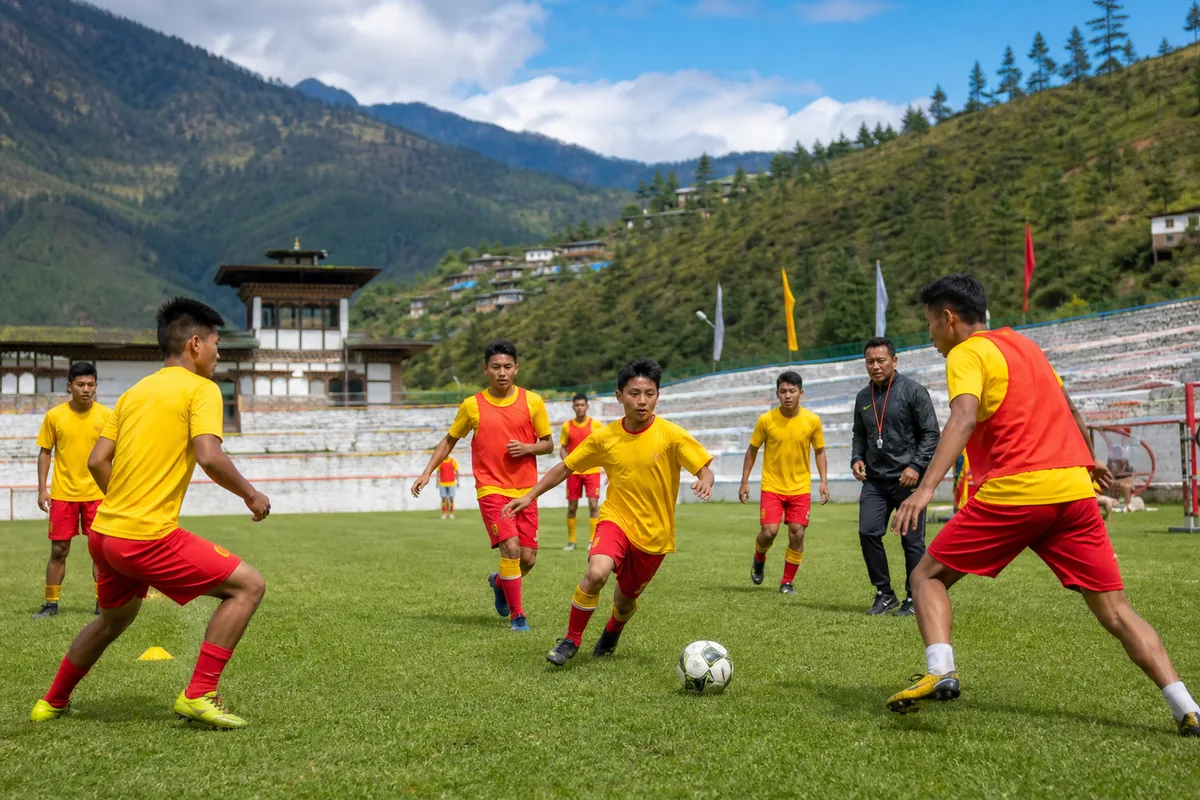 Fictional Bhutanese youth and senior footballers training together on a high-altitude pitch in Thimphu