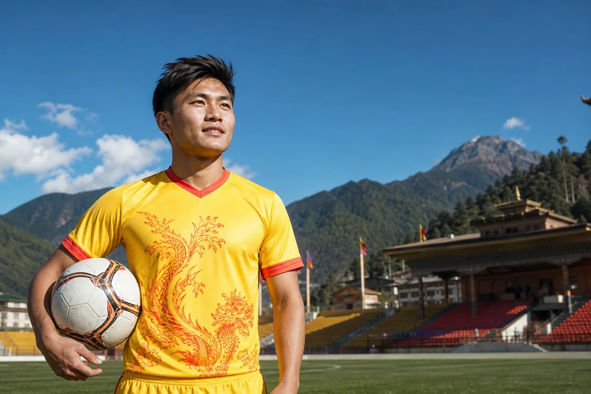 A fictional Bhutan national-team forward inspired by Wangay Dorji standing before a mountain football stadium in Thimphu