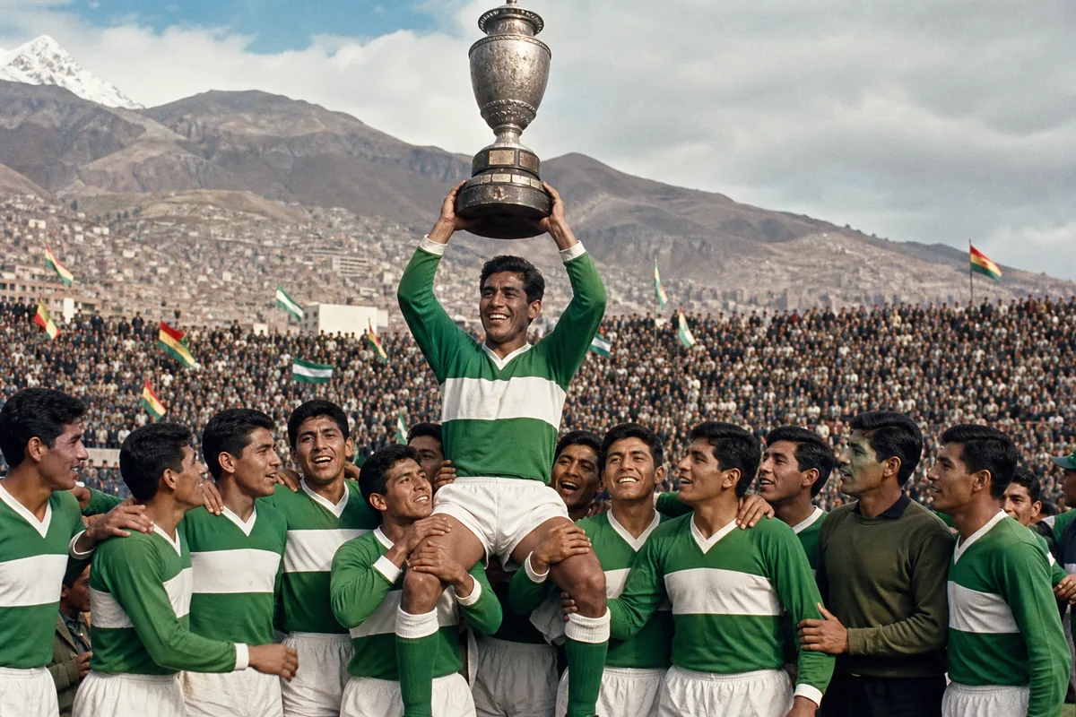Fictional Bolivia players celebrating the 1963 Copa América title at high altitude with a vintage trophy