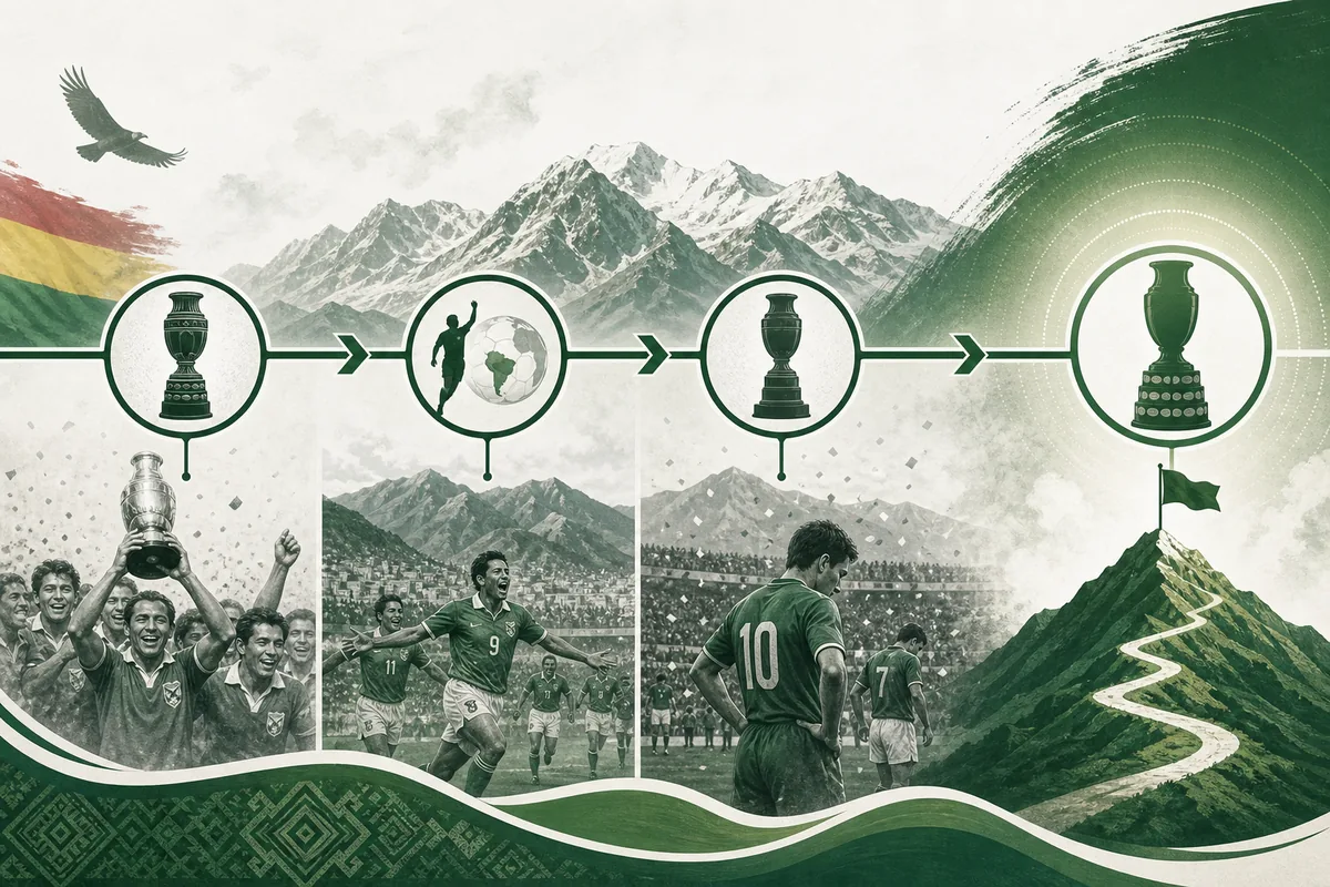 Text-free editorial timeline illustration of Bolivia's 1963 Copa América title, 1994 World Cup qualification, 1997 final and second-title target