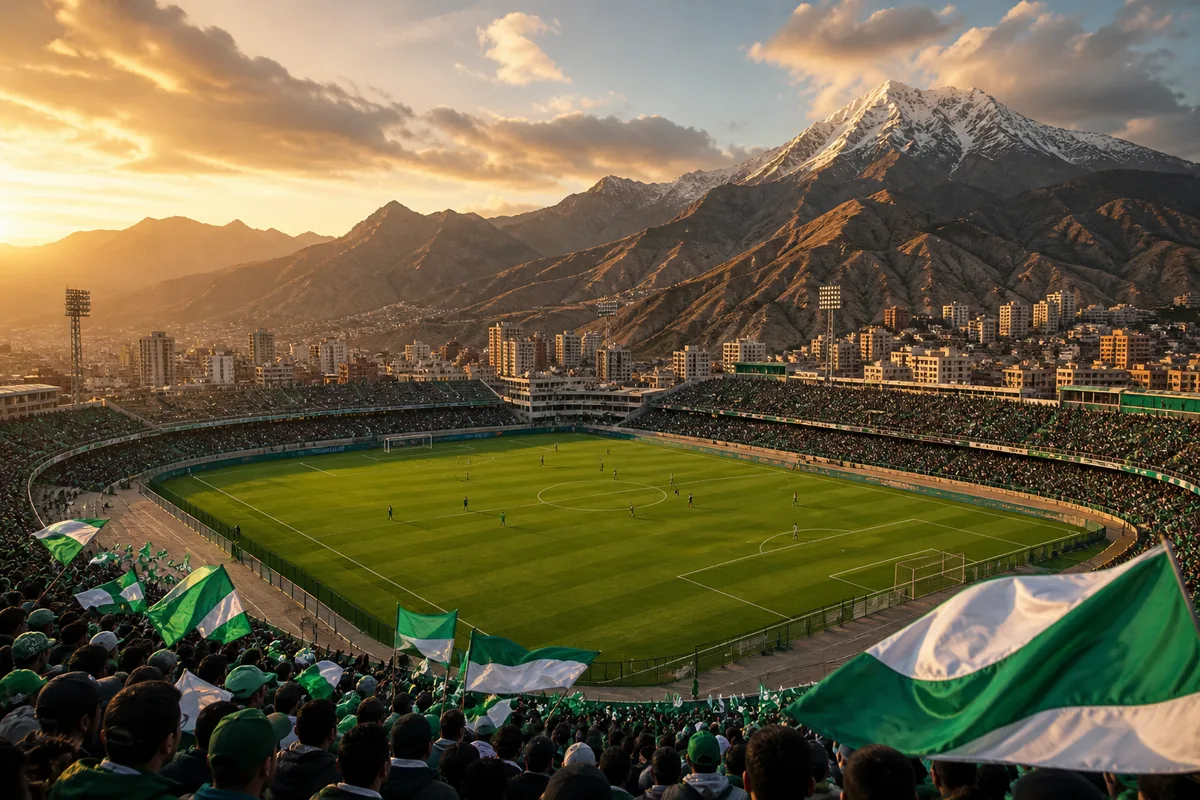A La Paz football stadium-inspired ground high in the Andes at golden hour with dramatic mountains and green-and-white flags