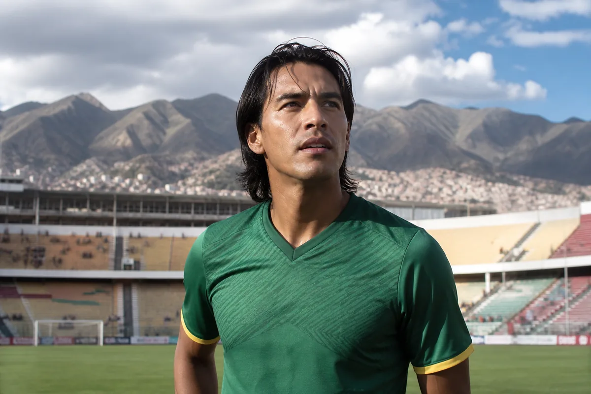 A fictional Bolivia national-team striker inspired by Marcelo Moreno Martins standing in La Paz with the Andes behind him