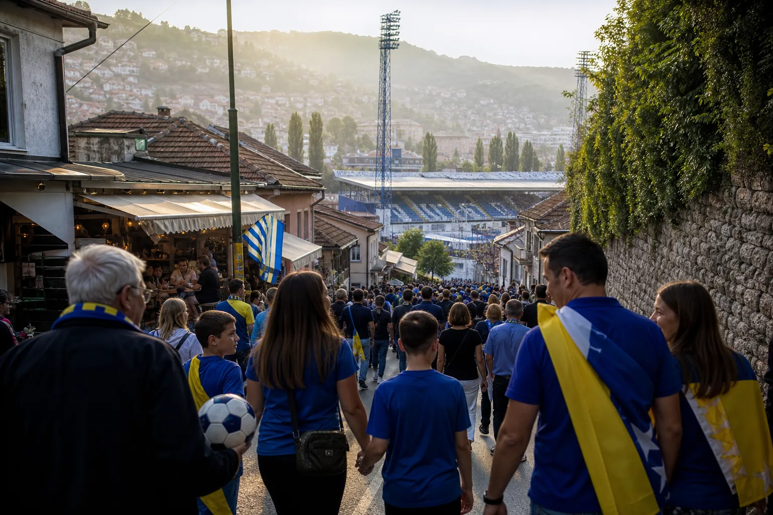 Fictional Sarajevo supporters and families walking toward a floodlit stadium on match day