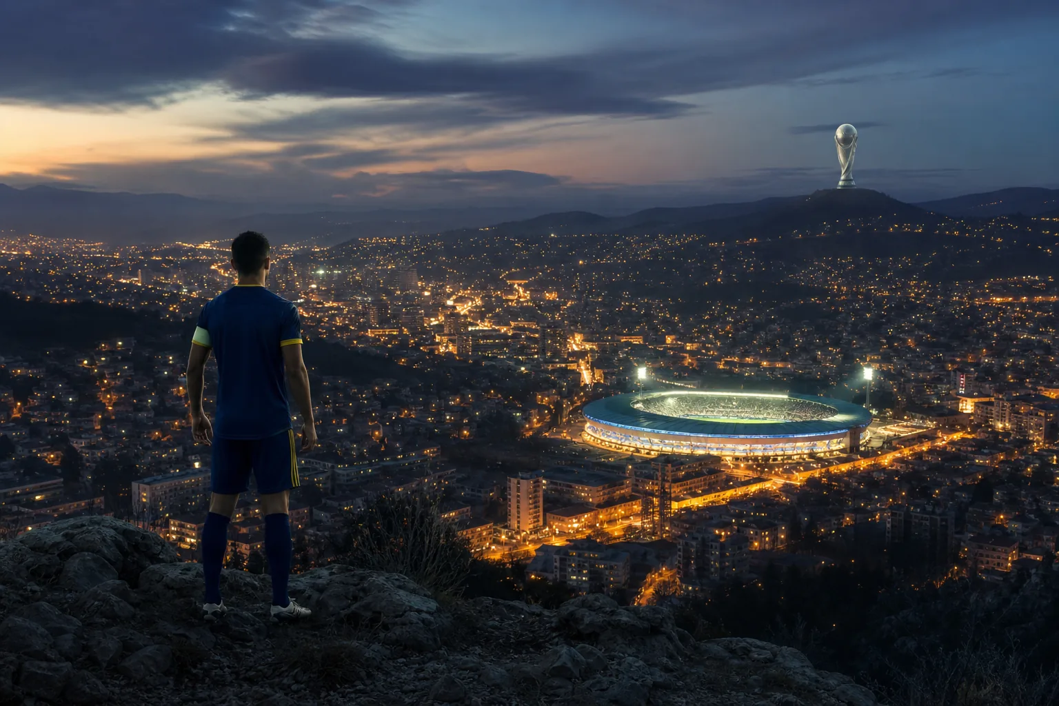 A fictional Bosnian captain looking toward a distant trophy above Sarajevo's stadium lights