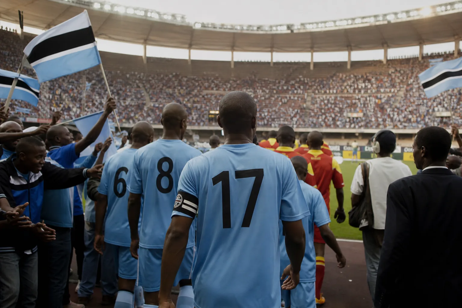 Botswana players walking onto a packed African stadium pitch for their historic AFCON debut