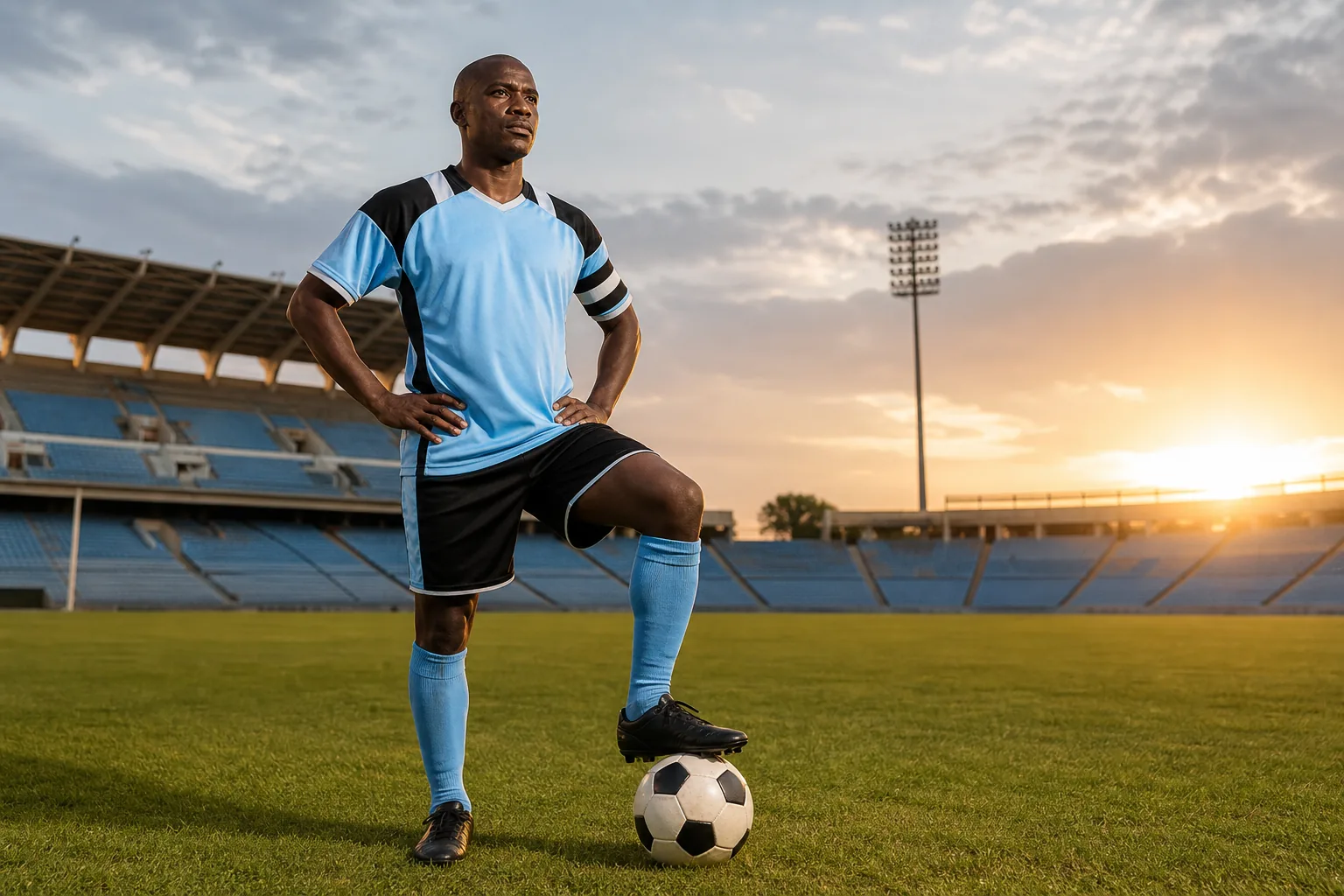 A fictional editorial portrait of Botswana football legend Dipsy Selolwane at the National Stadium in Gaborone