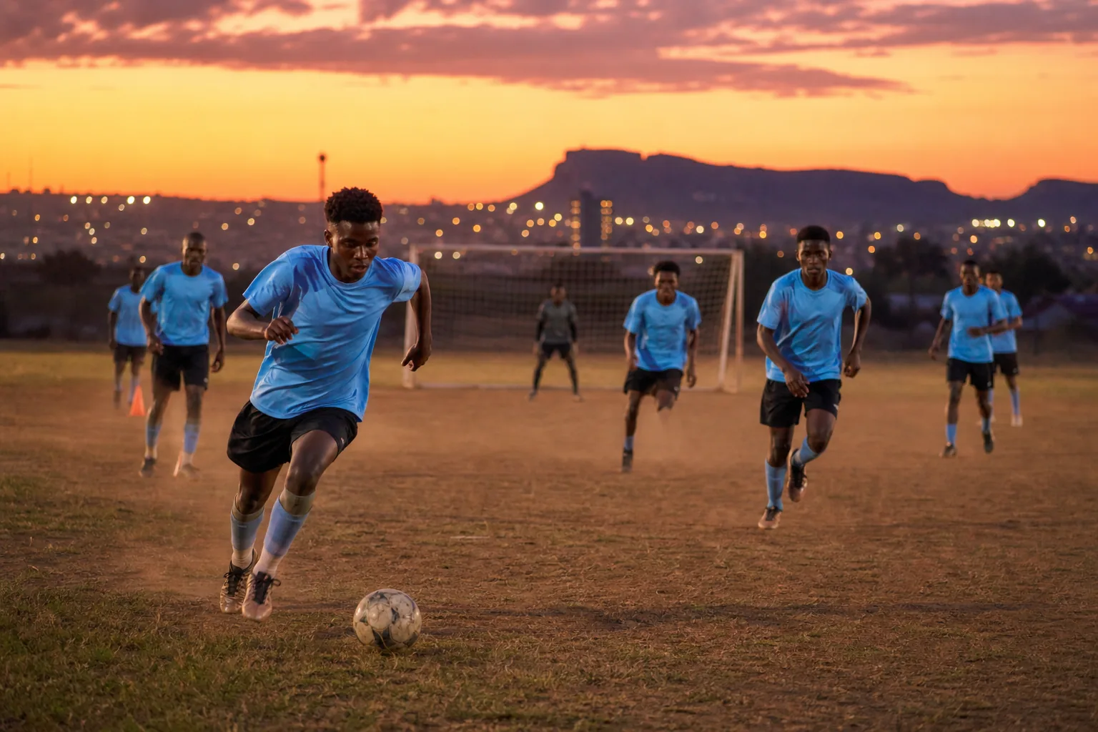 Young Botswana footballers training at sunset on a community pitch in Gaborone