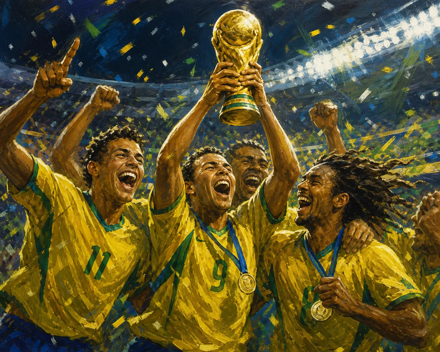 Fictional Brazilian attackers in yellow and green celebrating with a golden trophy
