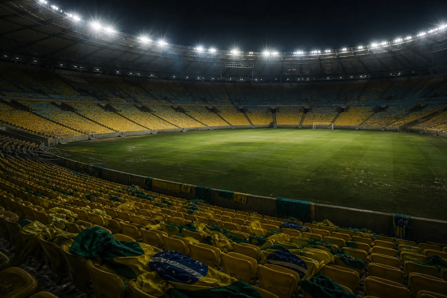 An empty Brazilian stadium after a crushing home defeat, with yellow seats and long shadows