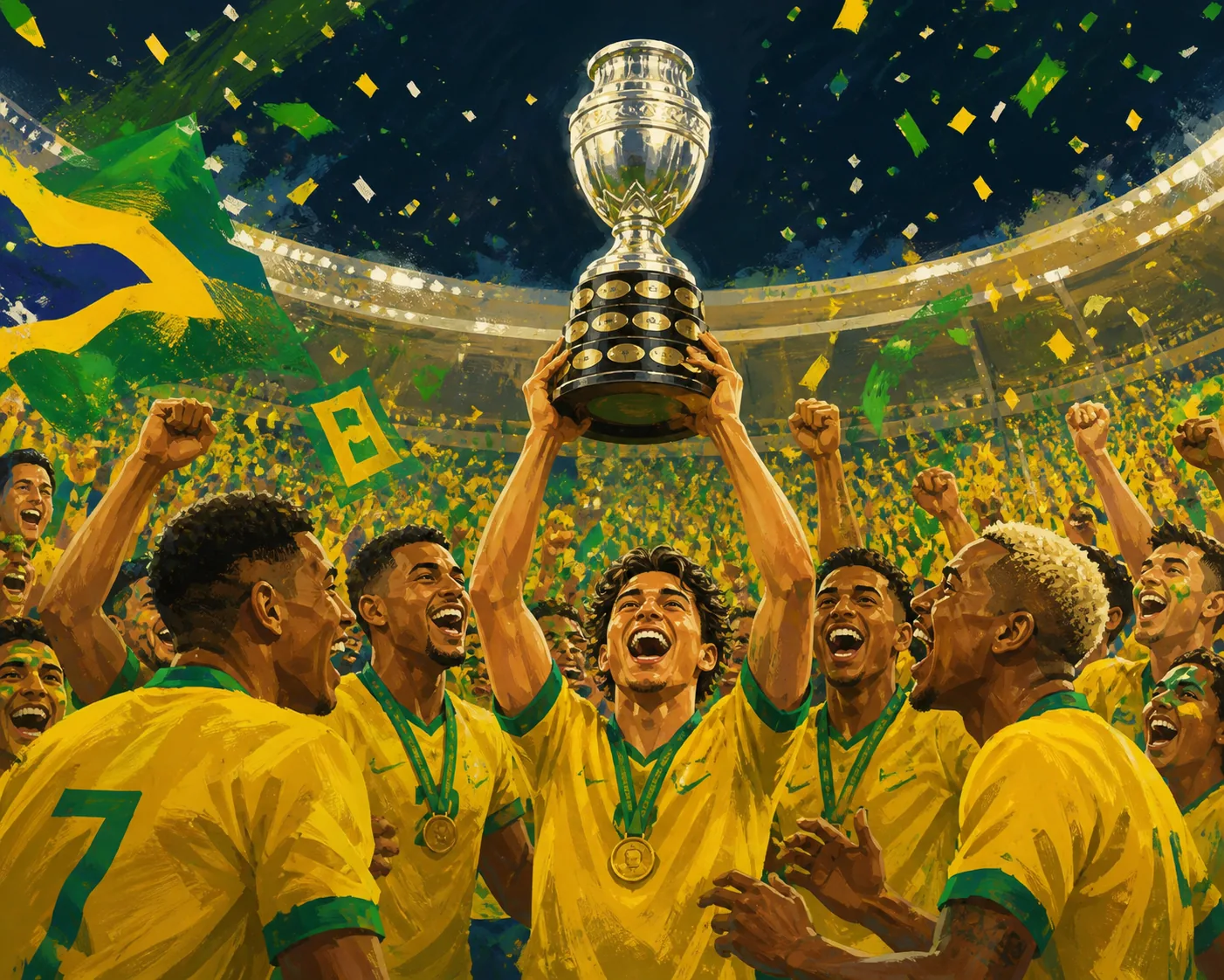 Fictional Brazilian players in yellow and green lifting a continental trophy at home