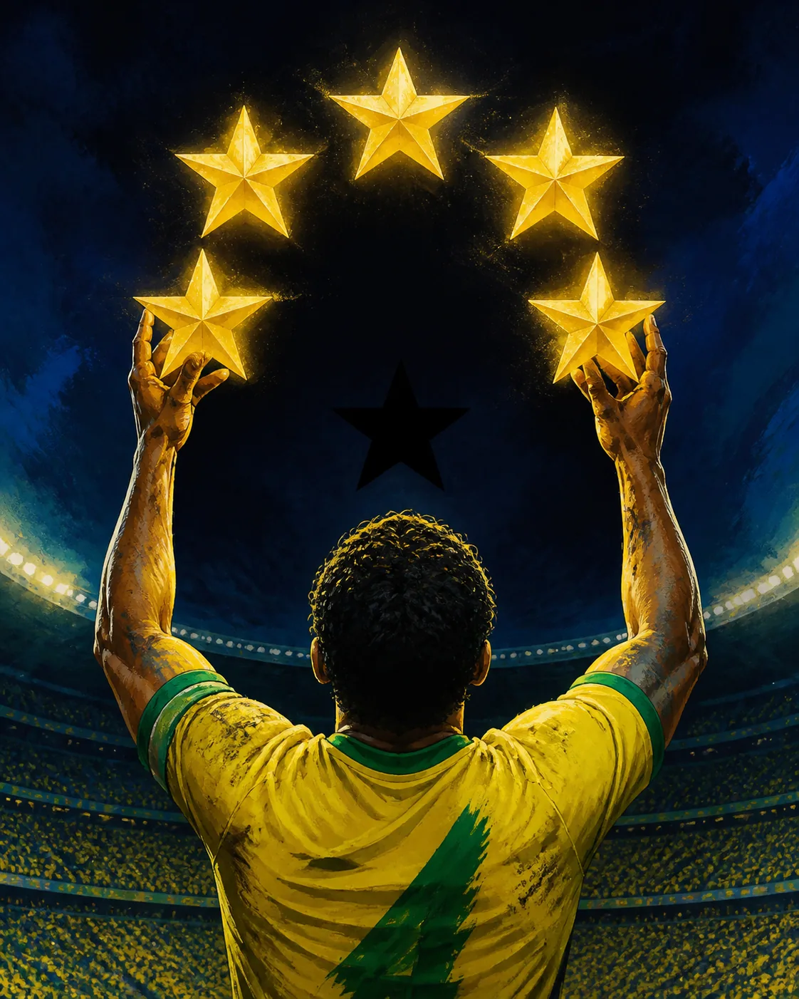 A fictional Brazilian captain holding five golden star-shaped lights above an empty space for a sixth star