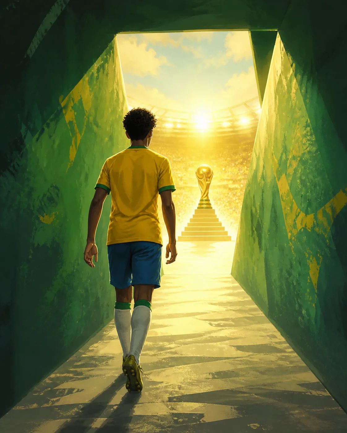 A fictional young Brazilian player walking toward a distant illuminated World Cup trophy