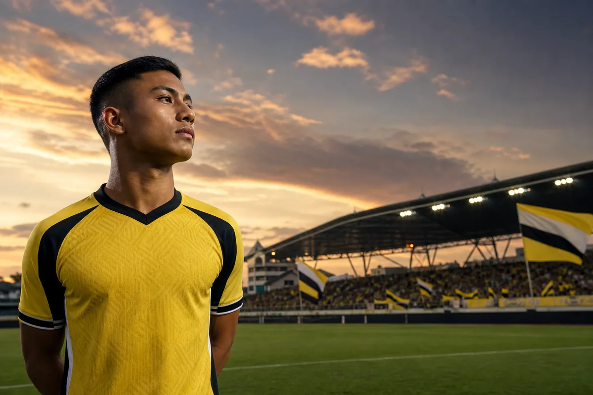 A fictional Brunei national-team winger inspired by Faiq Bolkiah standing before a tropical stadium with yellow-and-black flags
