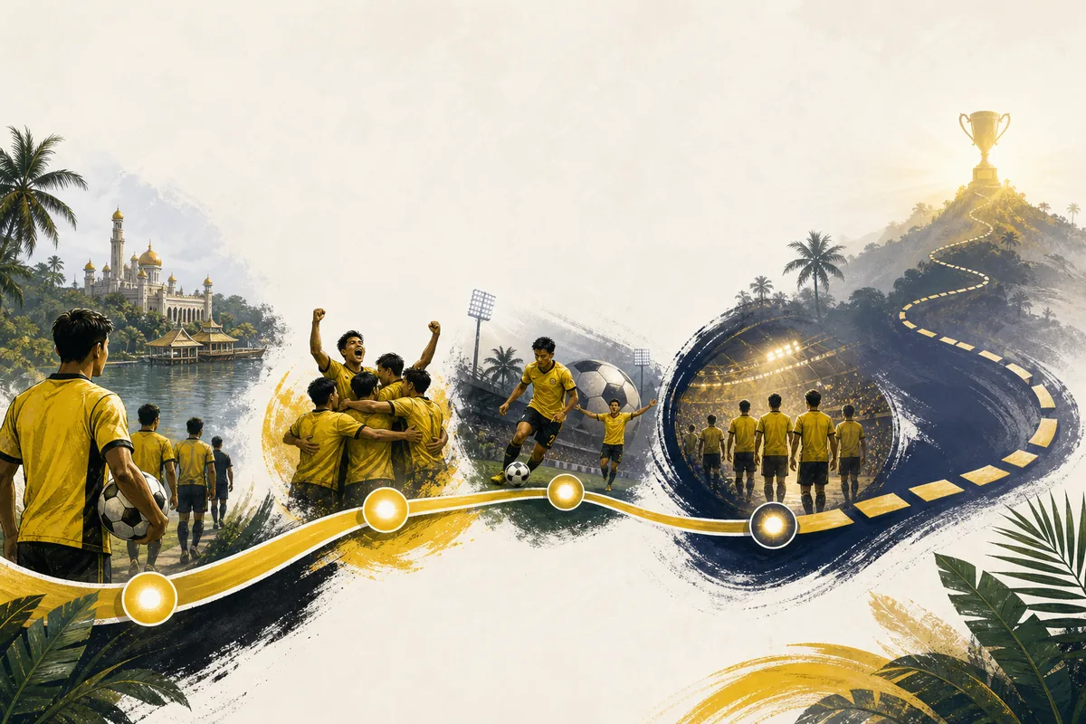 Text-free editorial timeline illustration of Brunei's path from regional competition to a first AFF title dream