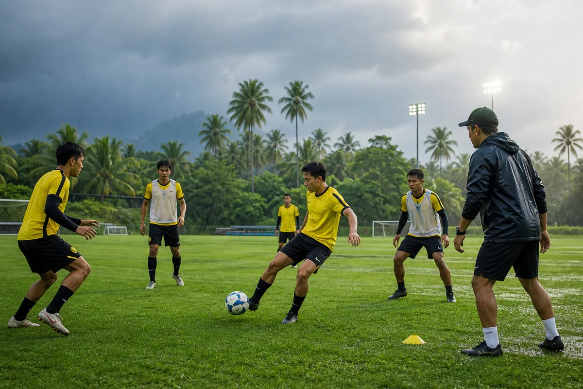 Fictional Brunei national-team players training together on a tropical pitch with their coach