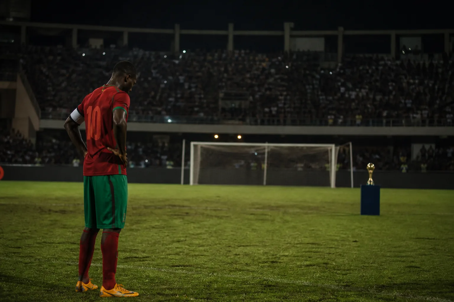 A fictional Burkina Faso captain standing alone after an Africa Cup of Nations final defeat under stadium lights