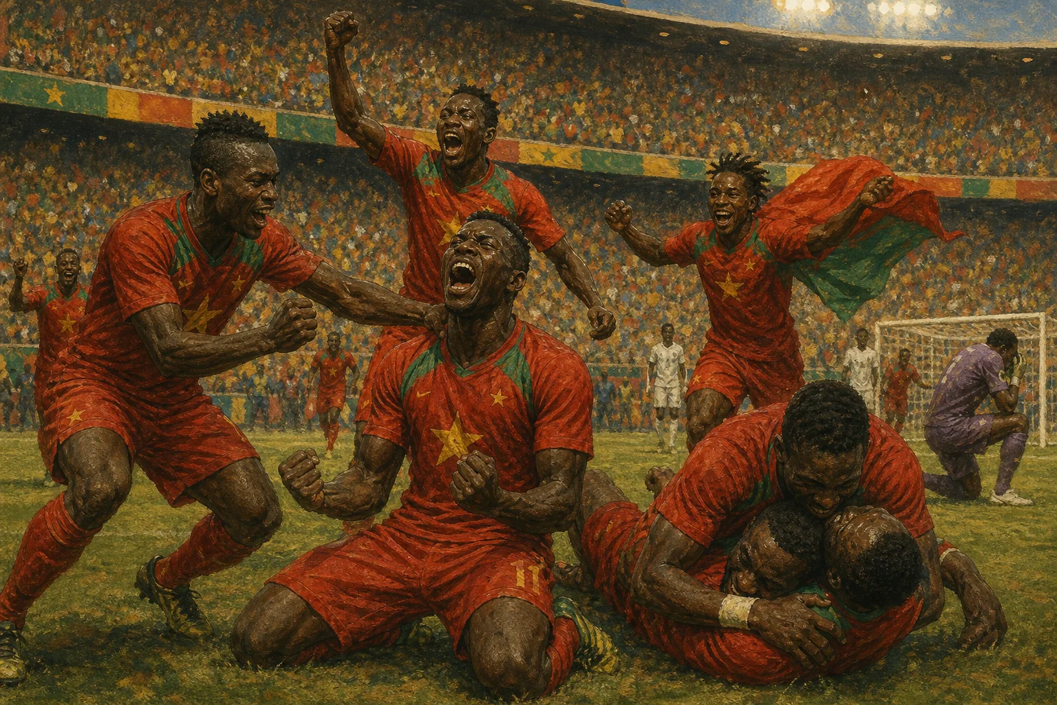 Fictional Burkina Faso footballers celebrating a dramatic 2013 Africa Cup of Nations semi-final victory