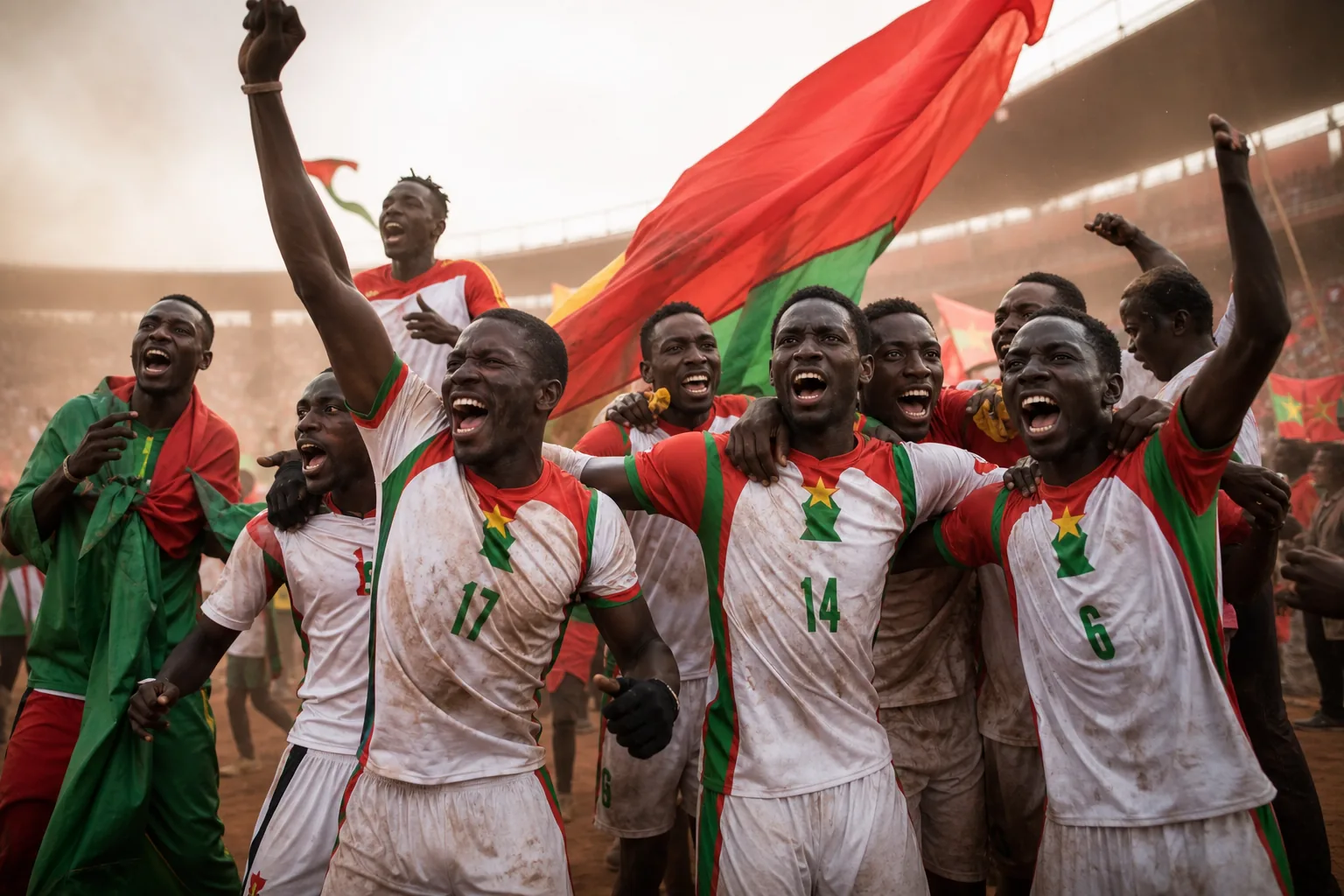 Fictional Burkina Faso players celebrating a hard-fought third-place finish at the 2017 Africa Cup of Nations