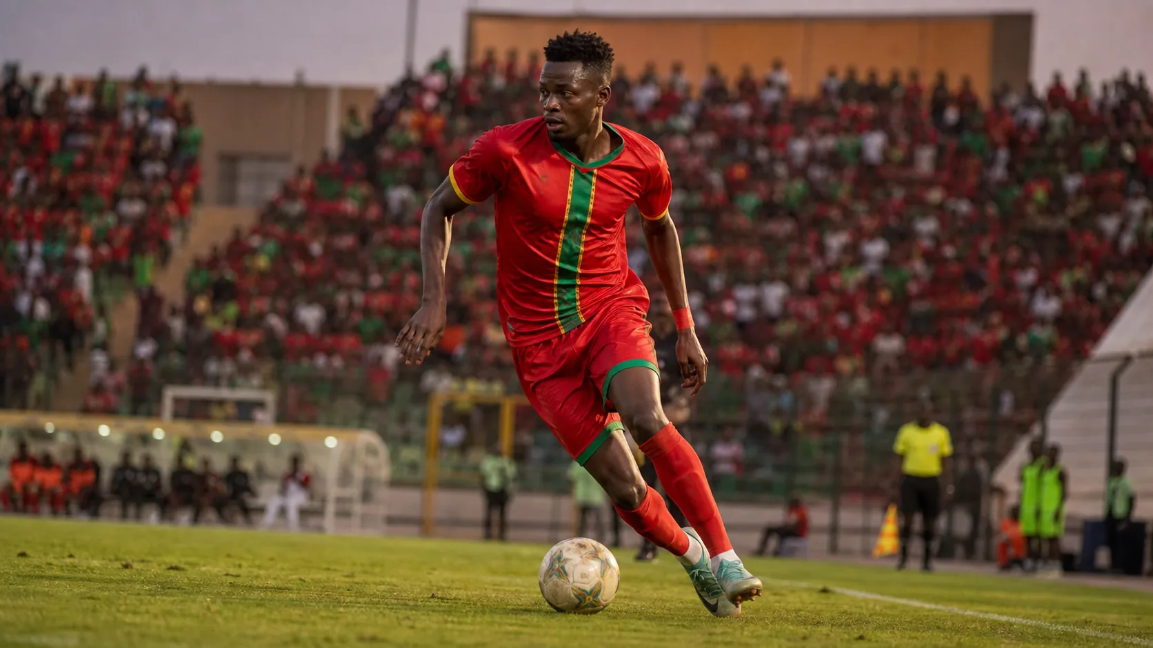 A fictional Burkina Faso national-team star winger inspired by Bertrand Traore leading an attack in a packed Ouagadougou stadium