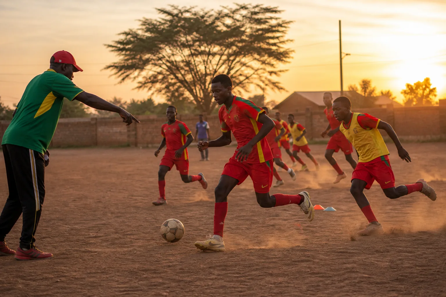 Young Burkina Faso footballers training on a dusty community pitch in Ouagadougou at sunset