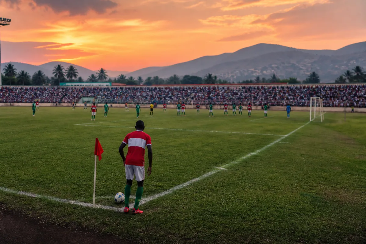 A Burundian player preparing for a match at sunset in a packed Bujumbura stadium with hills beyond