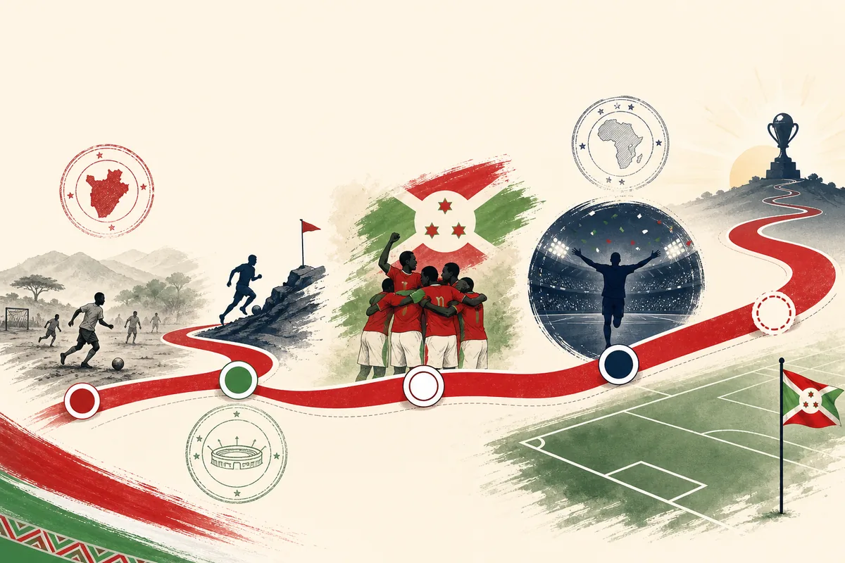 Editorial timeline illustration of Burundi's road from early qualifying attempts to the 2019 AFCON debut