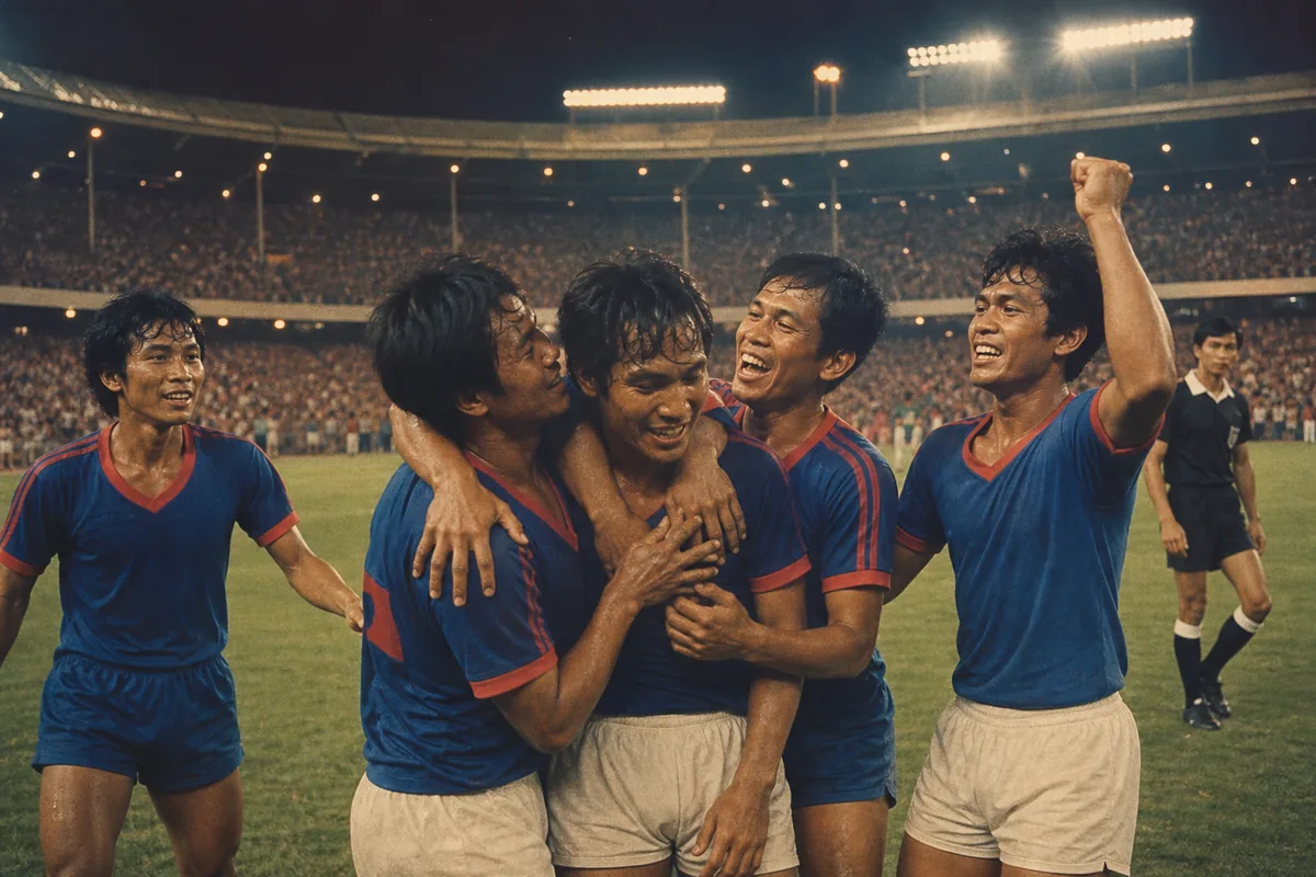 Fictional Khmer Republic-era players celebrating a dramatic Asian Cup semifinal run in 1972